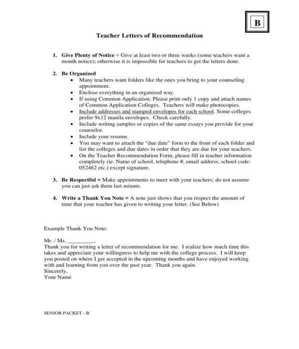 teacher letter of recommendation instructions sheet