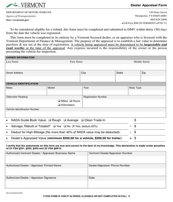 vehicle dealer appraisal form