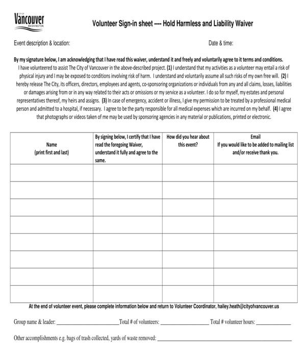 volunteer sign in sheet hold harmless liability waiver form