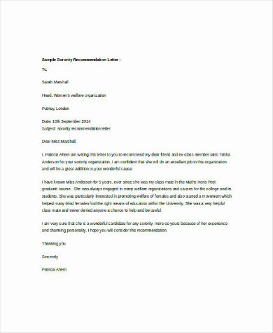 FREE 10+ Sorority Recommendation Letter Samples, PDF, MS Word, Google Docs