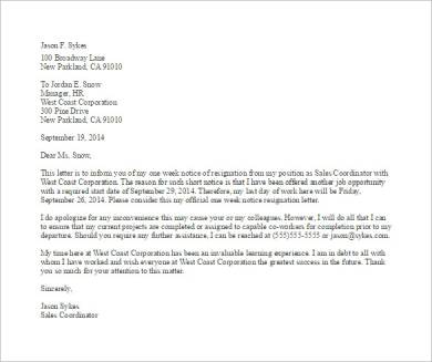 1 week’s notice resignation letter template1