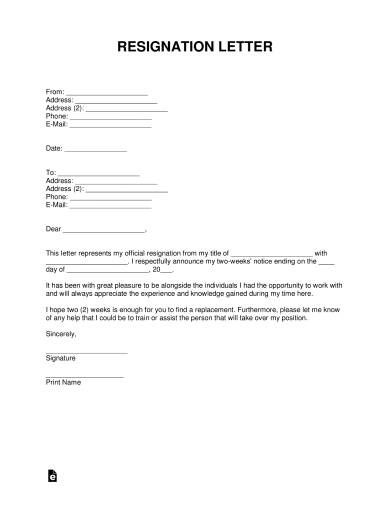 2 week’s notice of resignation template