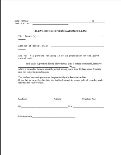 30 day notice of eviction or lease termination form