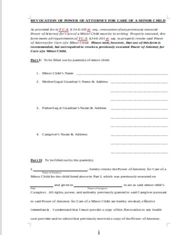 childcare power of attorney revocation or cancellation form