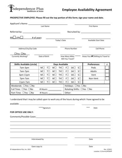 employee availability agreement form