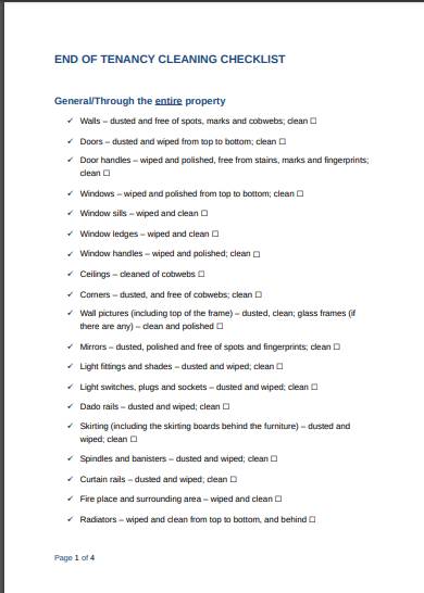 end of tenancy cleaning checklist form