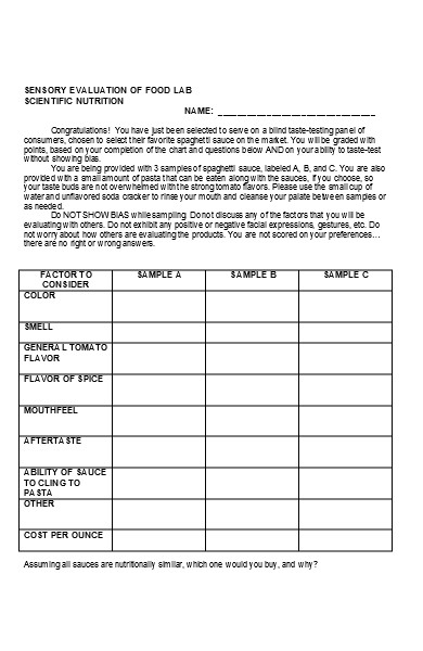 food lab sensory evaluation form