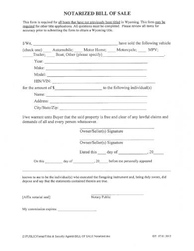 general notarized bill of sale form