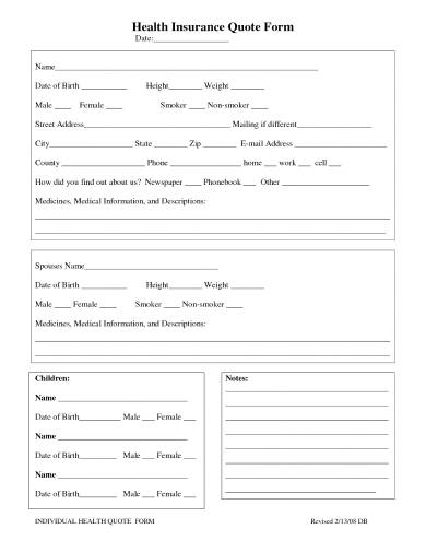 health insurance quote form sample