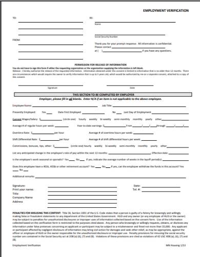 housing application employment verification form
