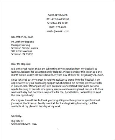 letter of resignation for nurses