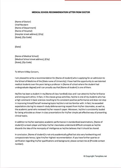 medical school recommendation letter template