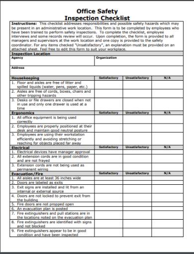 office safety inspection checklist audit form 