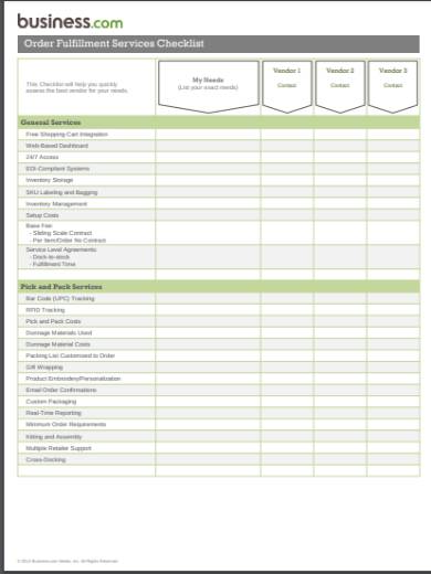 order fulfillment services checklist form