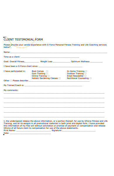 personal client testimonial form