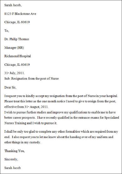 resignation letter for nurses