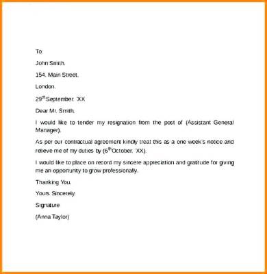 sample 2 week’s notice resignation letter template