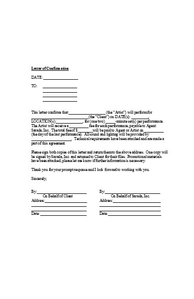 simple letter of confirmation form