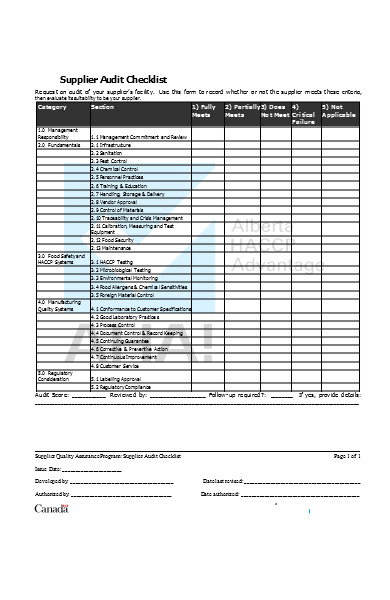 supplier audit checklist form