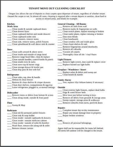 tenancy moving out cleaning checklist form