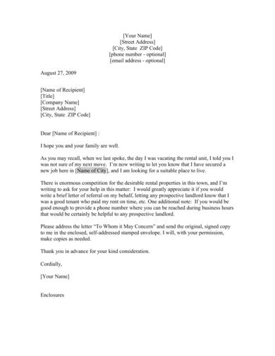 tenant recommendation request to landlord letter