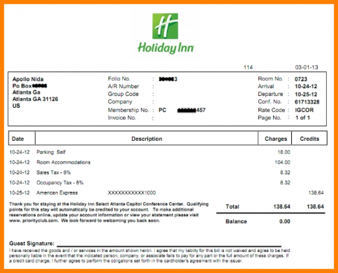 hotel folio receipt