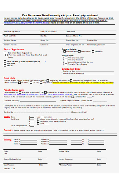 adjunct faculty appointment form