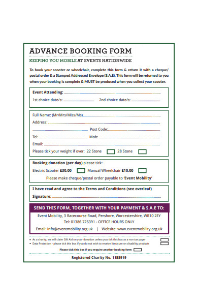 advance events booking form template
