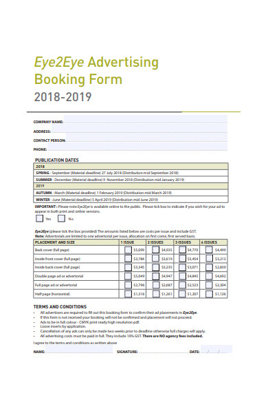 advertising booking form