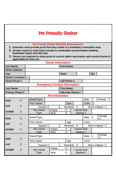 animal pre friendly shelter form