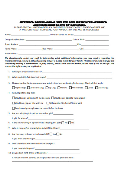 animal shelter application form