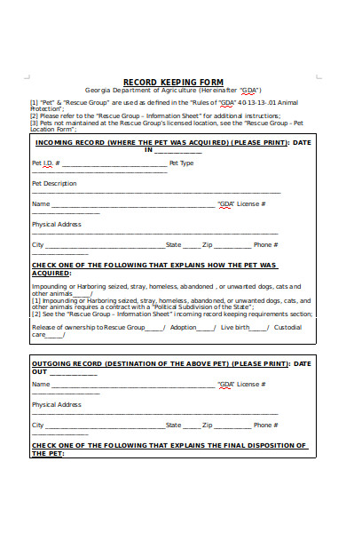 animal shelter record keeping form