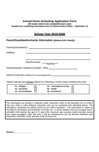 annual home schooling application form