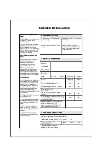 application form for employment
