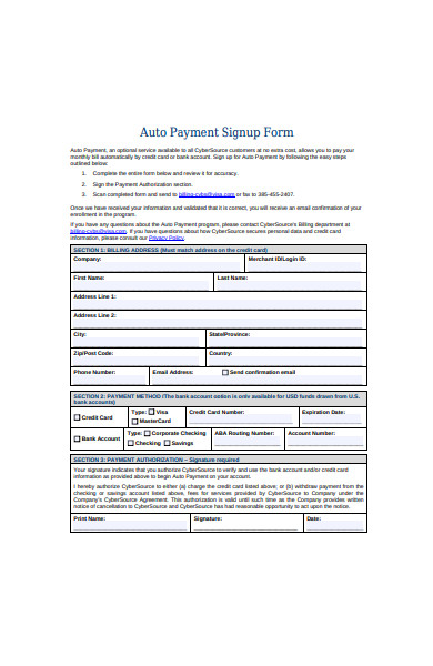 auto payment signup form