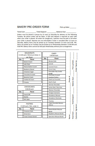 bakery preorder form