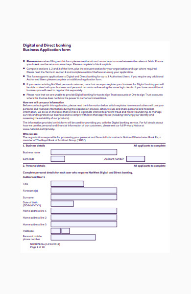 banking business application form
