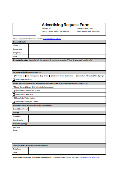 blank advertising request form