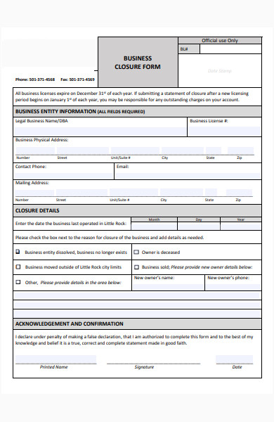 business closure form in pdf