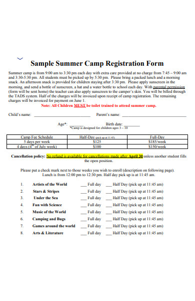 camp registration form sample 