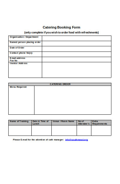 catering booking order form