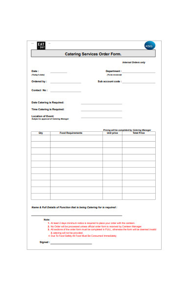 catering requirement order form