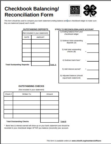 checkbook register balancing form
