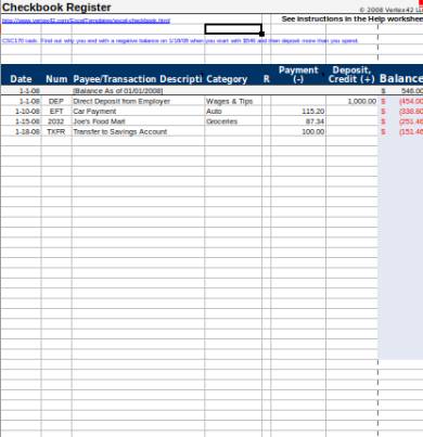 checkbook register spreadsheet form