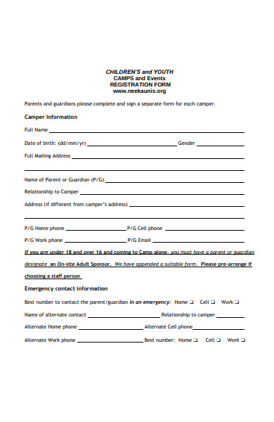 children camp event registration form