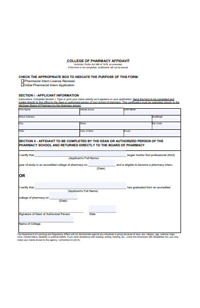 college of pharmacy affidavit form