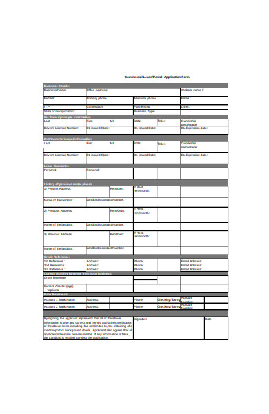 commercial lease or rental application form