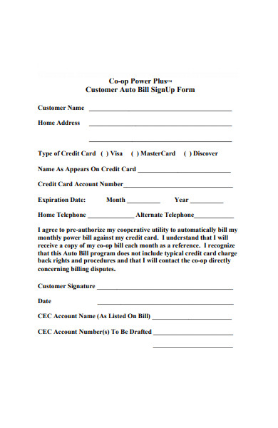 customer auto bill signup form