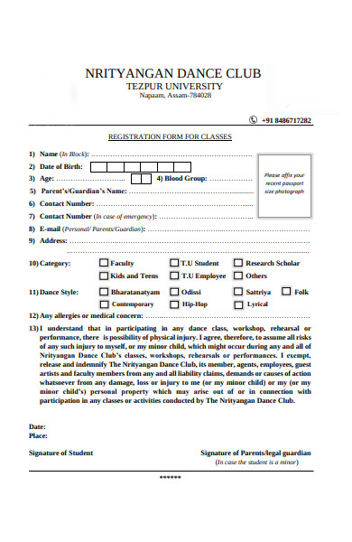 dance class registration form