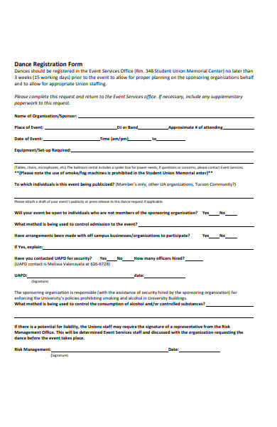 dance information registration form